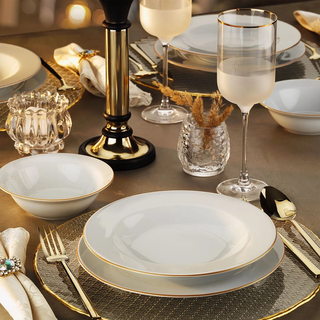 Porland Mina 18 Piece Porcelain Dinner Set for 6 People, White/Gold