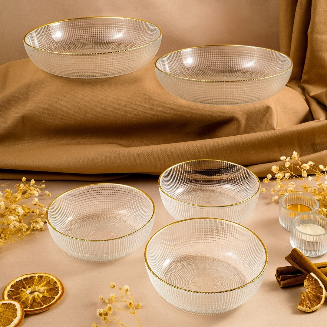 Fecra Loren Serving Bowl Set of 5, Clear/Gold