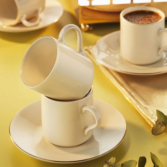 Fecra Alba 12 Piece Porcelain Coffee Cup Set for 6 People 100ml, Cream/Gold