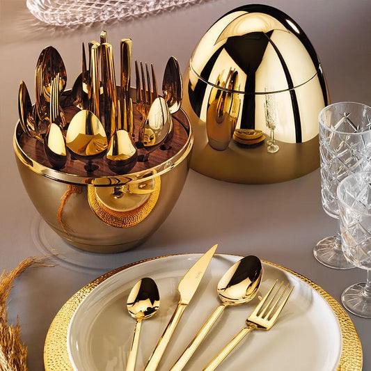 Fecra 24 Piece Stainless Steel Cutlery Set with Egg Stand for 6 People, Gold