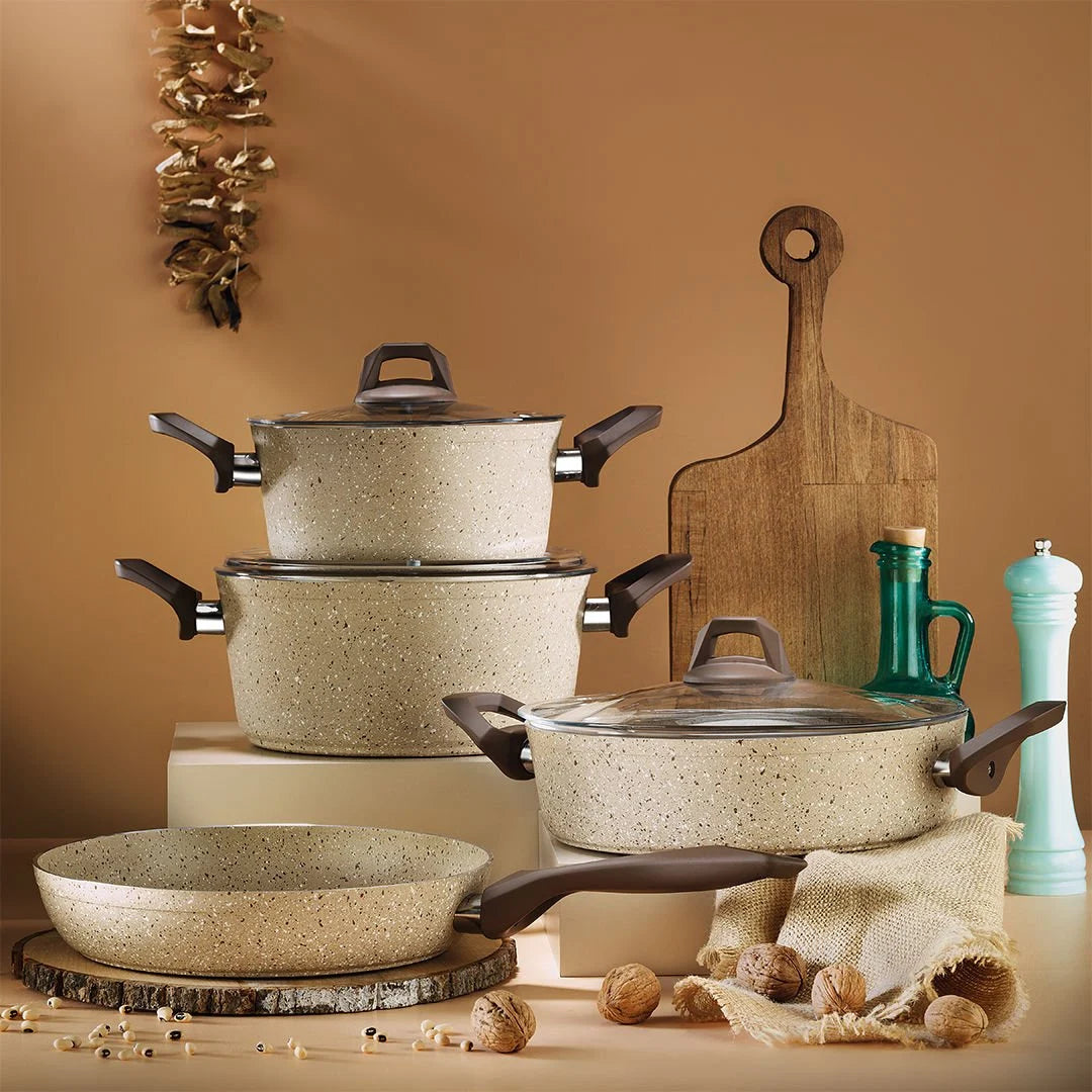 Fecra Kasrol 7 Piece Granite Pan Cookware Set, Beige