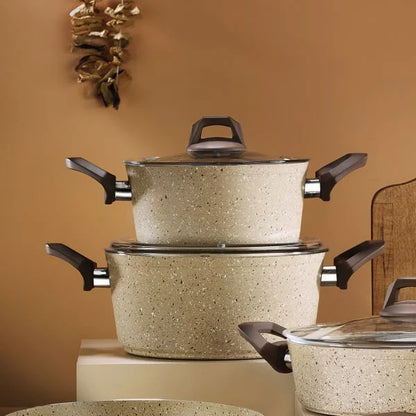 Fecra Kasrol 7 Piece Granite Pan Cookware Set, Beige