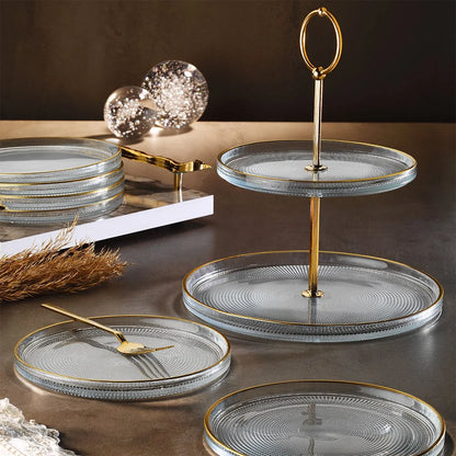 Fecra Loren 7 Piece Glass Serveware 16cm Plates Set with Tiered Cake Stand, Gold