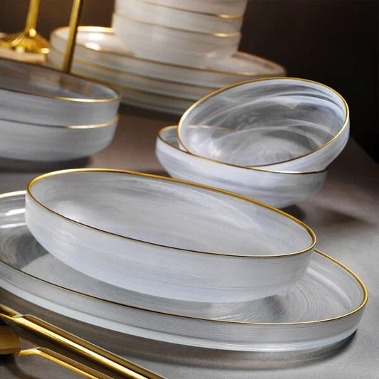 Fecra Loya 18 Piece Dinner Set for 6 People, Clear White/Gold