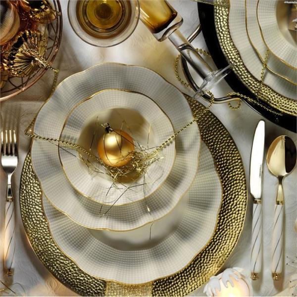 Kütahya Porcelain Milena 24 Piece Dinner Set for 6 People, Cream/Gold